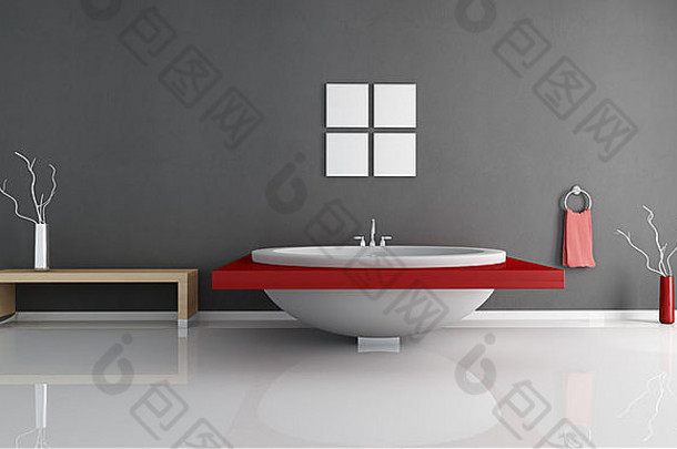现代最小的浴室时尚白色红色的轮浴缸