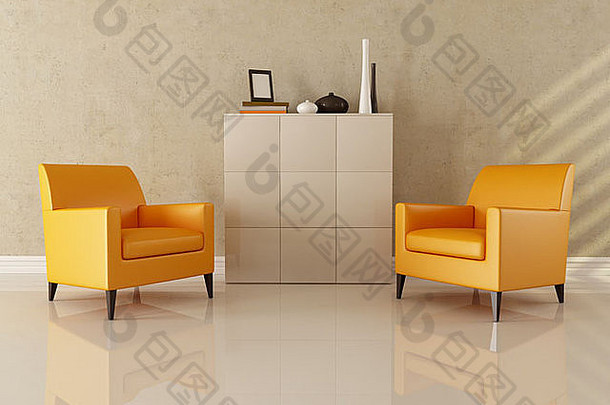 现代休息室中的两张橙色扶手椅-效果图
