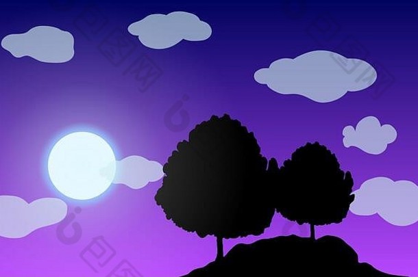 两棵树、云和月亮构成的深紫色场景壁纸的创意艺术。