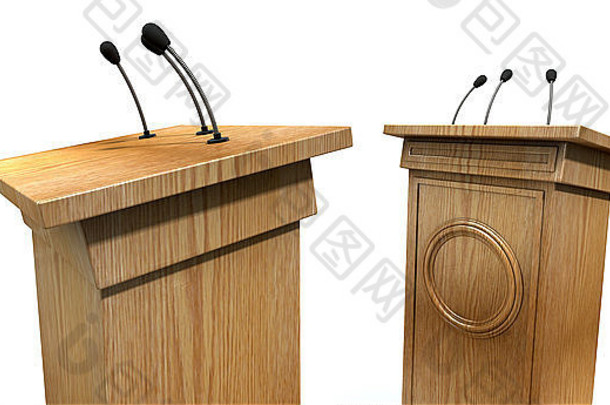 两个对立的常规木制辩论讲台，象征着在一个孤立的白色工作室背景下进行辩论