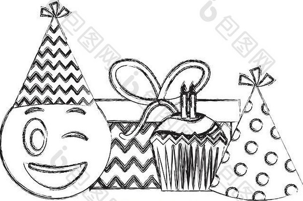 生日表情脸纸杯蛋糕礼物和派对帽手绘