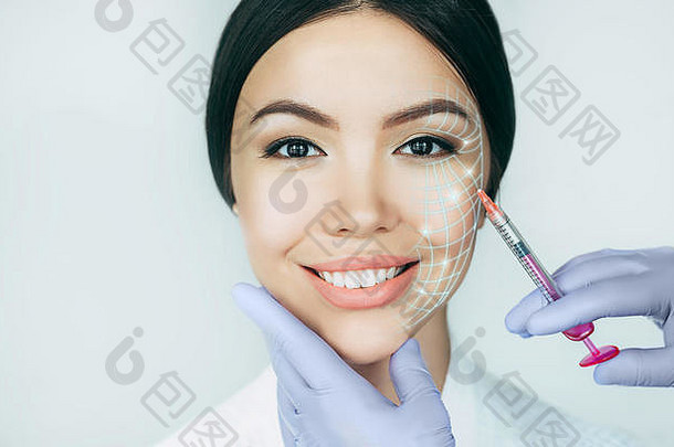 肖像亚洲女人提升行显示脸电梯概念保存年轻的皮肤提升注射