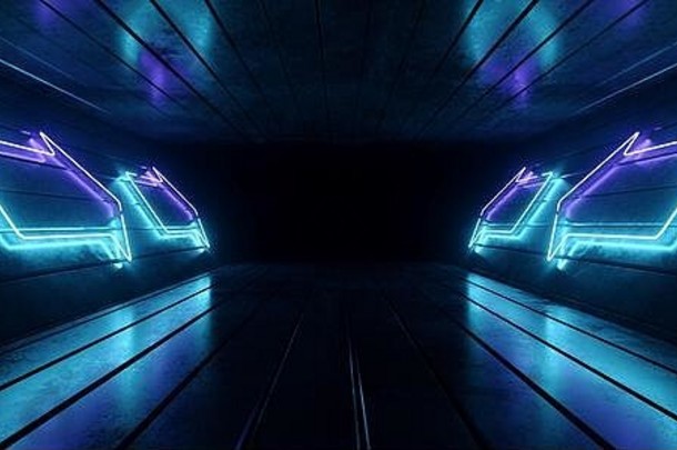 霓虹灯隧道走廊激光发光紫蓝色宇宙飞船箭头指向前方网关通道隧道走廊金属混凝土纹理瓷砖地板深色
