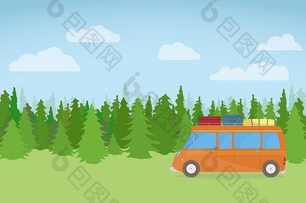 家庭公共汽车旅行自然背景森林云草