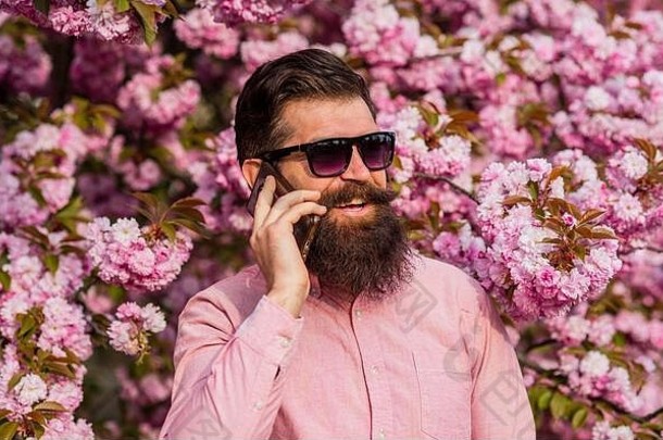 一个留着胡子、穿着粉红色衬衫的男人在打电话。<strong>春</strong>天。在樱花盛开的时候，野蛮成熟的时髦人士在电话里讲话。留胡子的男人喜欢樱花。很好的交谈。我要<strong>约会</strong>。他快乐的一天。