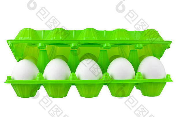 打白色鸡蛋开放绿色塑料包白色背景孤立的关闭一边视图生态友好的颜色设计健康的食物概念