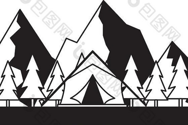 帐篷露营树和山