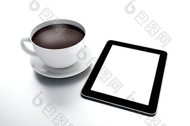 渲染咖啡杯平板电脑白色孤立的背景早....新闻概念