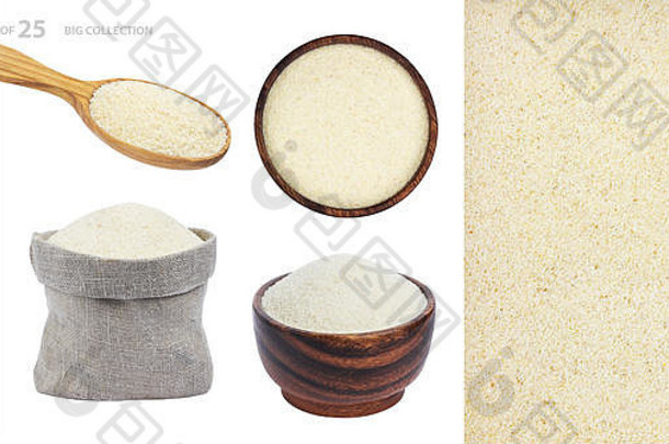 不同餐具中的粗面粉在白色背景上分离，收集