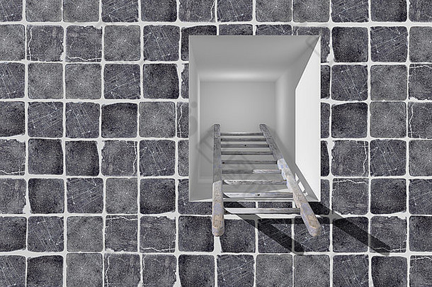 一个爬进洞里的梯子的3d渲染，成长和进步的概念