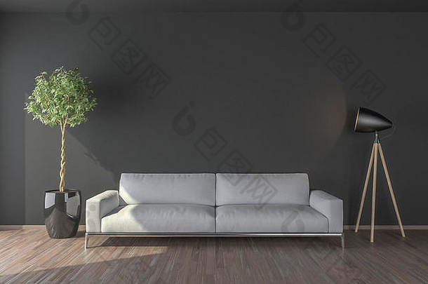 空墙、沙发、灯具和室内植物。把你的作品放在这个空白区域。