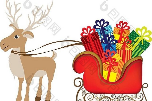 驯鹿和雪橇的彩色剪影和礼物