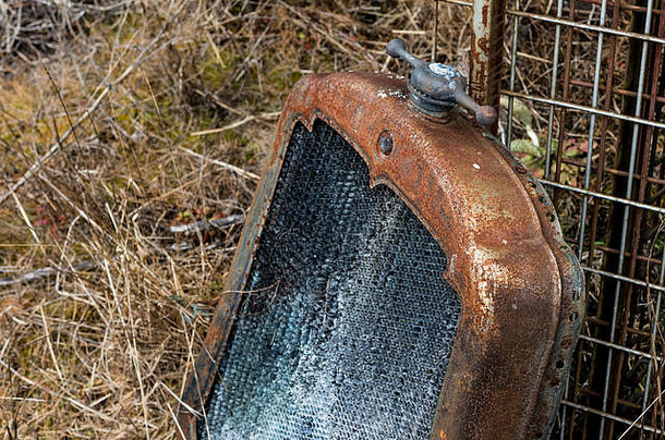 古董古董汽车生锈的散热器观赏帽坐着死草