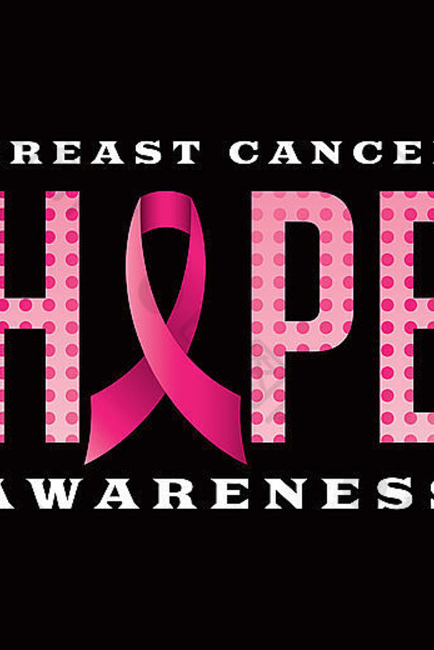 用粉色圆点和粉色癌症意识丝带书写的乳腺癌意识希望信息的插图。