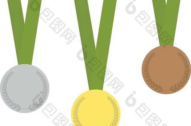 一套三枚奖牌，包括：金牌、银牌、铜牌、桂冠和绿丝带。