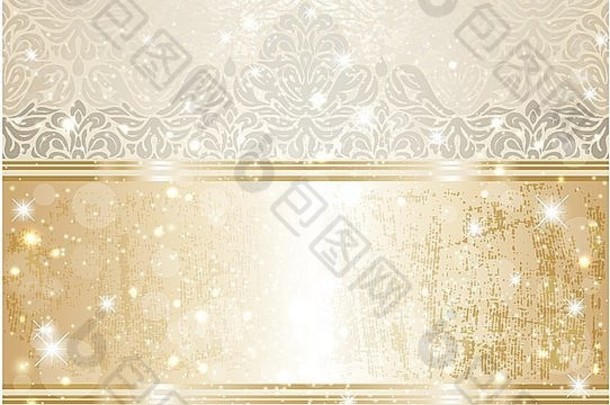 明亮闪亮的豪华婚礼复古请柬图案背景，金色和银色