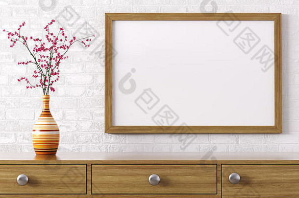 空白木框架梳妆台花花瓶室内装饰背景呈现