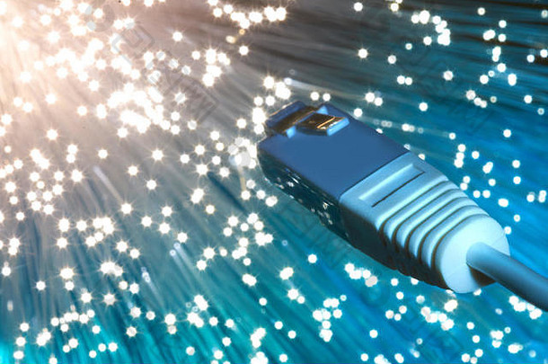 未来技术背景，蓝色背景光纤网络电缆末端特写