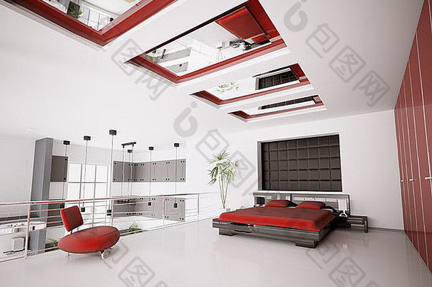 室内现代白色红色的黑色的卧室渲染