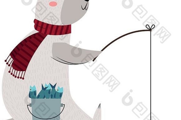 圣诞节熊钓鱼bukcet鱼杆冰图像