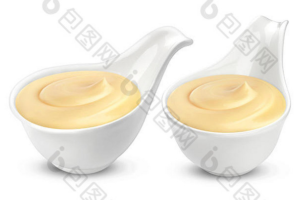 蛋黄酱酱汁孤立的碗<strong>酸奶</strong>油孤立的白色背景