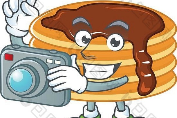巧克力奶油煎饼摄影师吉祥物设计概念昂贵的相机