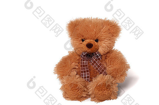 孤立的泰迪熊坐在白色背景下。柔软的儿童玩具