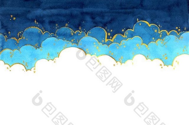 摘要水彩手绘画插图云明星概念明亮的蓝色的波浪背景高决议设计卡封面打印