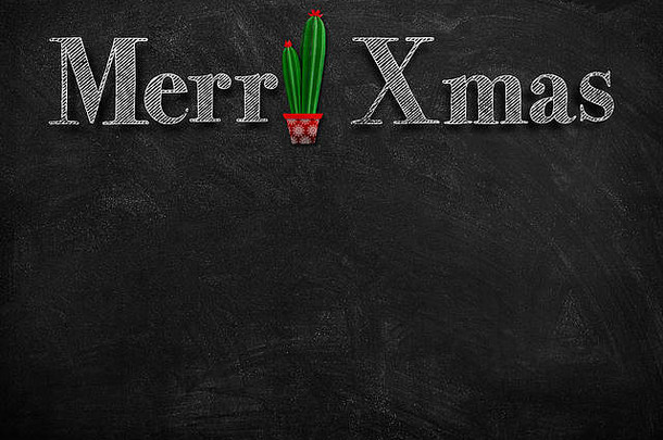 插图呈现粉笔快乐圣诞节祝愿黑板上绿色仙人掌装饰
