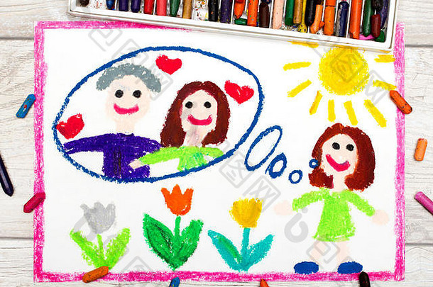 彩绘图片：年轻女孩梦想着幸福的关系和大爱