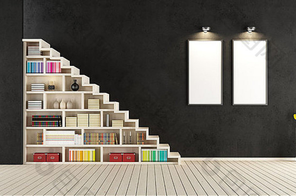 现代黑色房间，带木制楼梯和书架-渲染