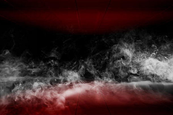 烟雾科幻现代未来主义黑白红色房间，天花板上有反射和霓虹灯，空旷空间3D渲染插图