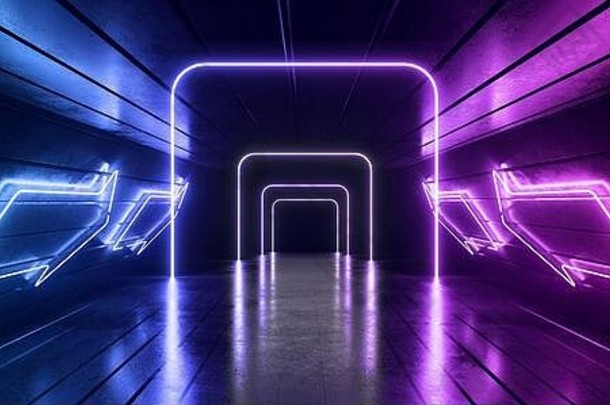 sci霓虹灯阶段未来主义的箭头指针建设激光框架蓝色的紫色的发光的矩形反光混凝土车库走廊隧道走廊