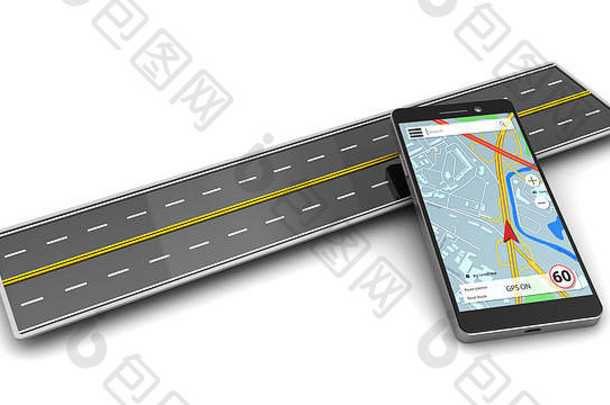 带有导航软件和沥青路面的手机三维示意图