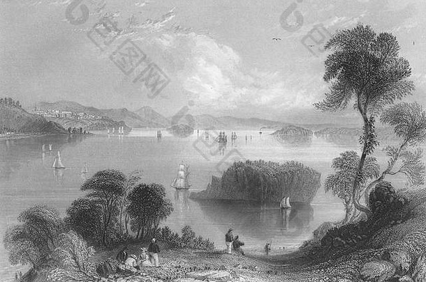 缅因州<strong>东港</strong>和帕萨马库迪湾。WH BARTLETT，古董印刷1840