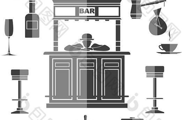 室内主题酒吧复古的风格酒吧计数器酒保图标横幅灰色的颜色