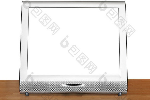 在白色背景上隔离的木桌上，带有切割屏幕的银色电视机显示屏的前视图