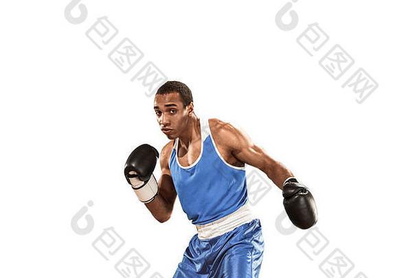 拳击运动中的运动型男子。白底拳击手照片