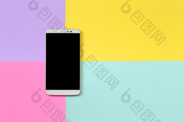 现代智能手机黑色的屏幕纹理背景时尚柔和的蓝色的黄色的紫罗兰色的粉红色的颜色纸最小的概念