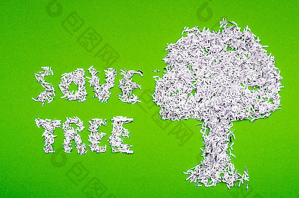 保存树概念使碎纸绿色背景
