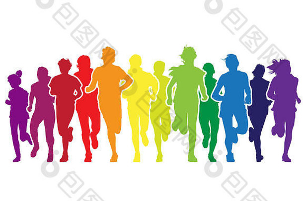 五颜六色的年轻人在白色背景下参加马拉松比赛。