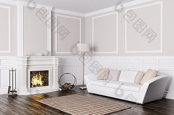 客厅经典室内设计，白色沙发和壁炉3d渲染