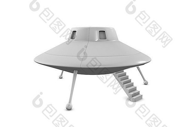 3d渲染虚构的UFO降落在地球上，隔离在白色背景上。
