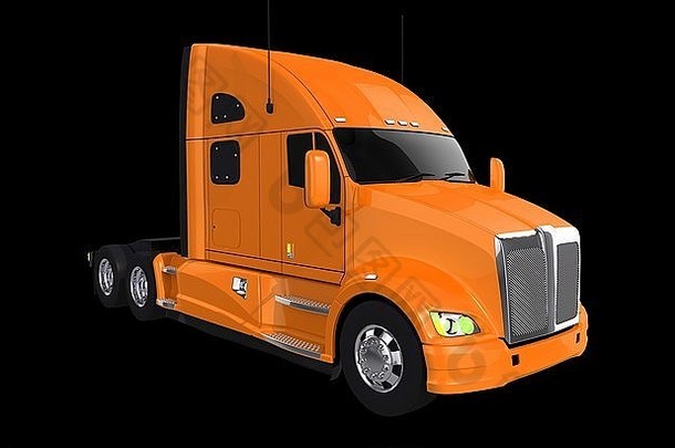 在黑色3D插图上隔离的现代橙色半卡车。