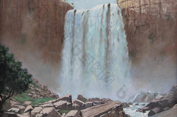 岩石峭壁上的古老瀑布——水雾喷在分形岩石上的风景油画