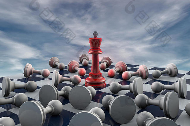 <strong>红色</strong>的<strong>国王</strong>和许多灰色的棋子（奇妙的背景）。象棋隐喻。三维渲染插图。