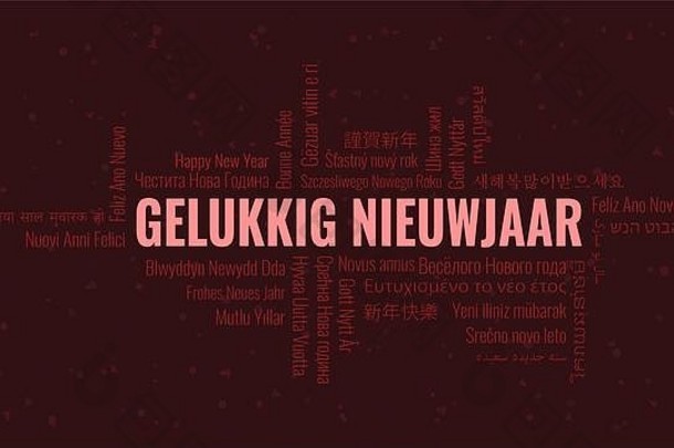荷兰语“Gelukkig Nieuwjaar”中的新年快乐文本，在黑暗的雪地背景下，用多种语言写成，并带有单词cloud