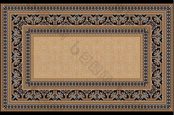 奢华明亮的旧设计地毯，两侧带有民族装饰，中间为浅棕色单声道