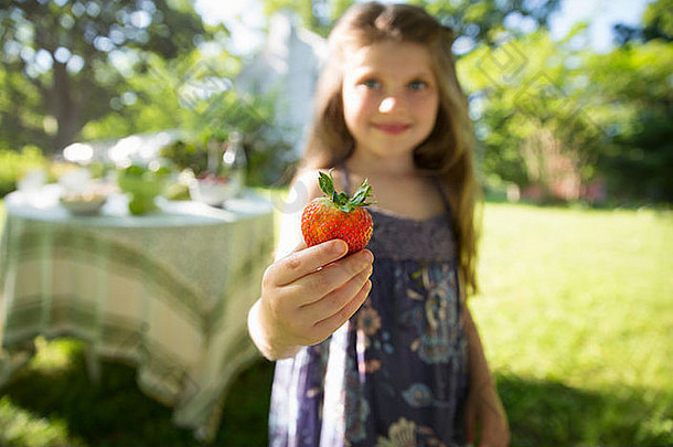孩子们成年人年轻的女孩持有大新鲜的有机生产草莓水果