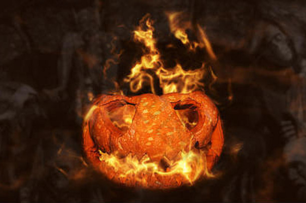 万圣节南瓜，杰克·奥兰特在鬼魂出没、恐怖的环境中燃烧，死神和骷髅在燃烧